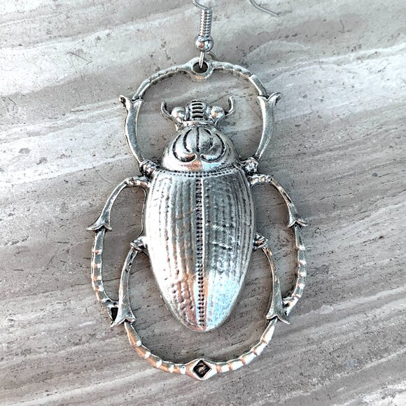 Silver Beetle Bug Drop Earrings — NWT - Picture 5 of 5
